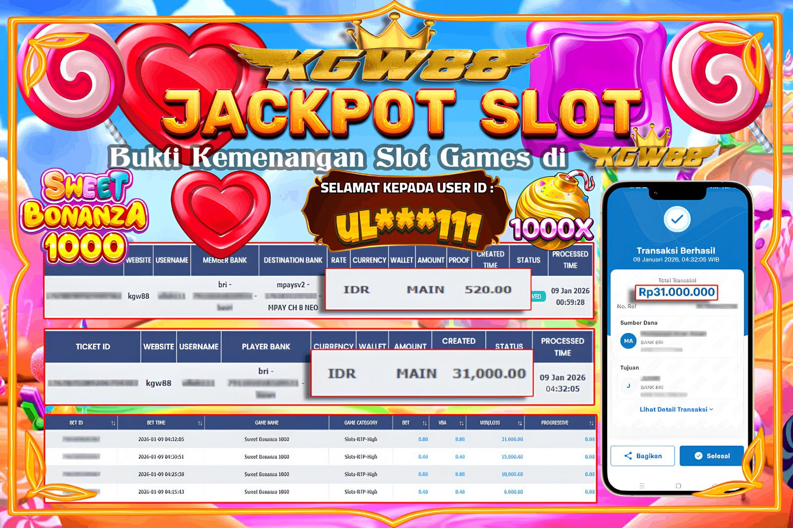 KGW88 JACKPOT SWEET BONANZA 1000 Rp.31.000.000,- LUNAS